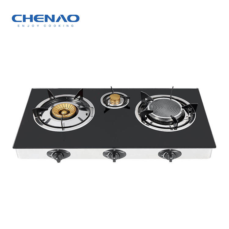 Tempered Glass 3 burner Gas Stove -90mm brass cap+Infrared 