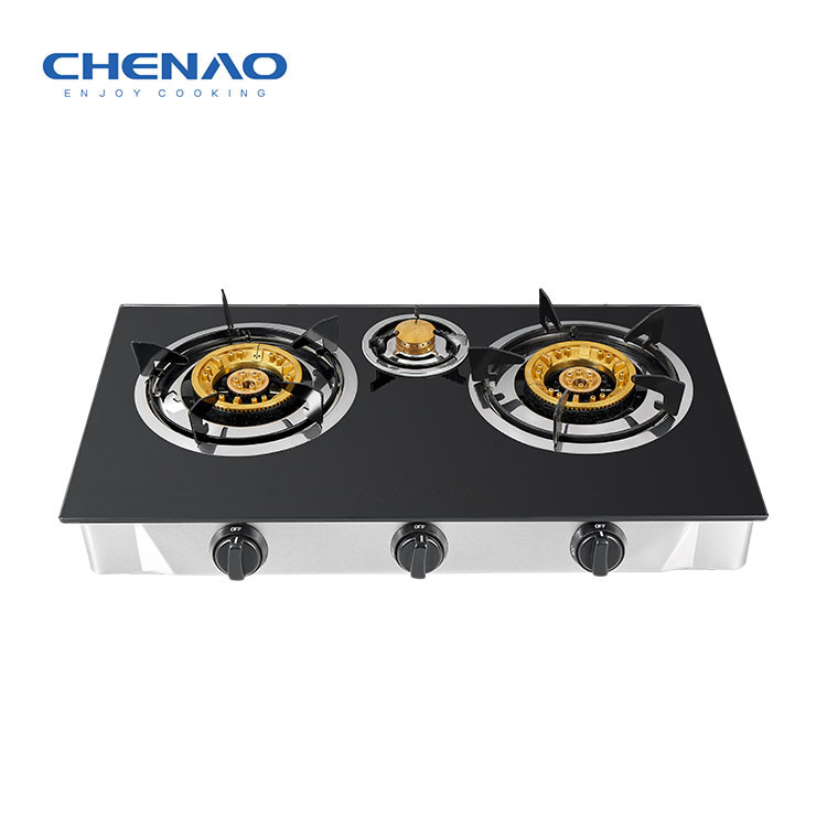 Tempered Glass 3 burner Gas Stove -130mm cast iron cap